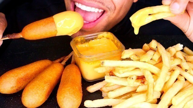 'ASMR CRISPY CORN DOGS FRENCH FRIES CHEESE SAUCE EATING REVIEW TALKING HONEST SHOW JERRY'