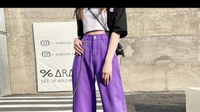 'Jeans baggy vintage straight high waist korean fashion streetwear casual pants femme wide leg purple'