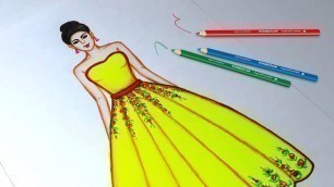 'Drawing Flower Dress Using Color Pencil | Fashion illustration art | Fashion illustration sketches'