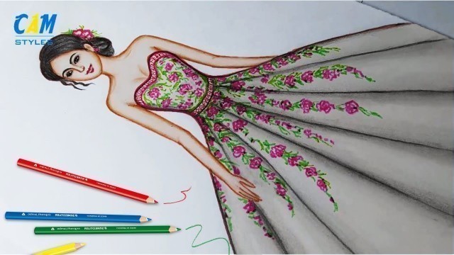 'Drawing Dress Using Color Pencil | Fashion illustration art | Fashion illustration sketches'