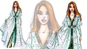 'Fashion Illustration: How to draw Embroidered Caftan Dress Using Colored Pencil'