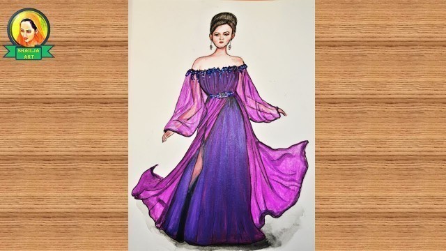 'how to draw a girl with a long dress | fashion illustration drawing | fashion sketches dresses'