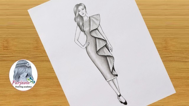 'Pencil sketch of a girl with Fashion Dress - step by step  || How to draw Fashion Girl'