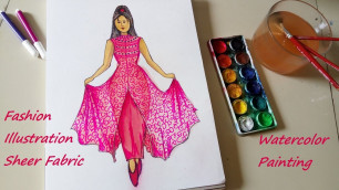 'Watercolor Fashion Illustration Sheer Fabric Netted Dress Design | Beautiful dress drawing for girls'