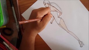 'Fashion Illustration: How to draw side view pose/Coloring skin with color pencil'