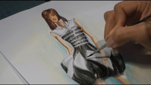 'Fashion drawing - painting a black and white dress - watercolor technique'