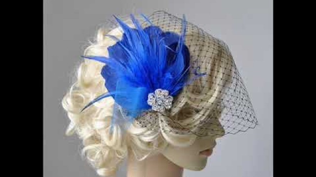 'Blue Feather Fascinator with veil - Feather Hair Clip DIY , 1920s headpiece'