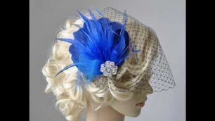 'Blue Feather Fascinator with veil - Feather Hair Clip DIY , 1920s headpiece'