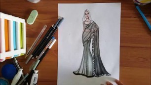 'Fashion Drawing : How to draw a Saree Using Colored Pencil'