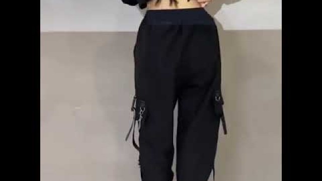 'Women Cargo Harem Pants Fashion Punk Pockets Jogger Trousers With Chain Harajuku Elastics High Waist'