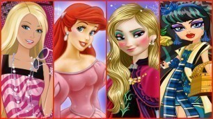 'Disney Princess Frozen Elsa Anna Ariel Rapunzel Barbie & Monster High Fashion Dress Up Game For Kids'